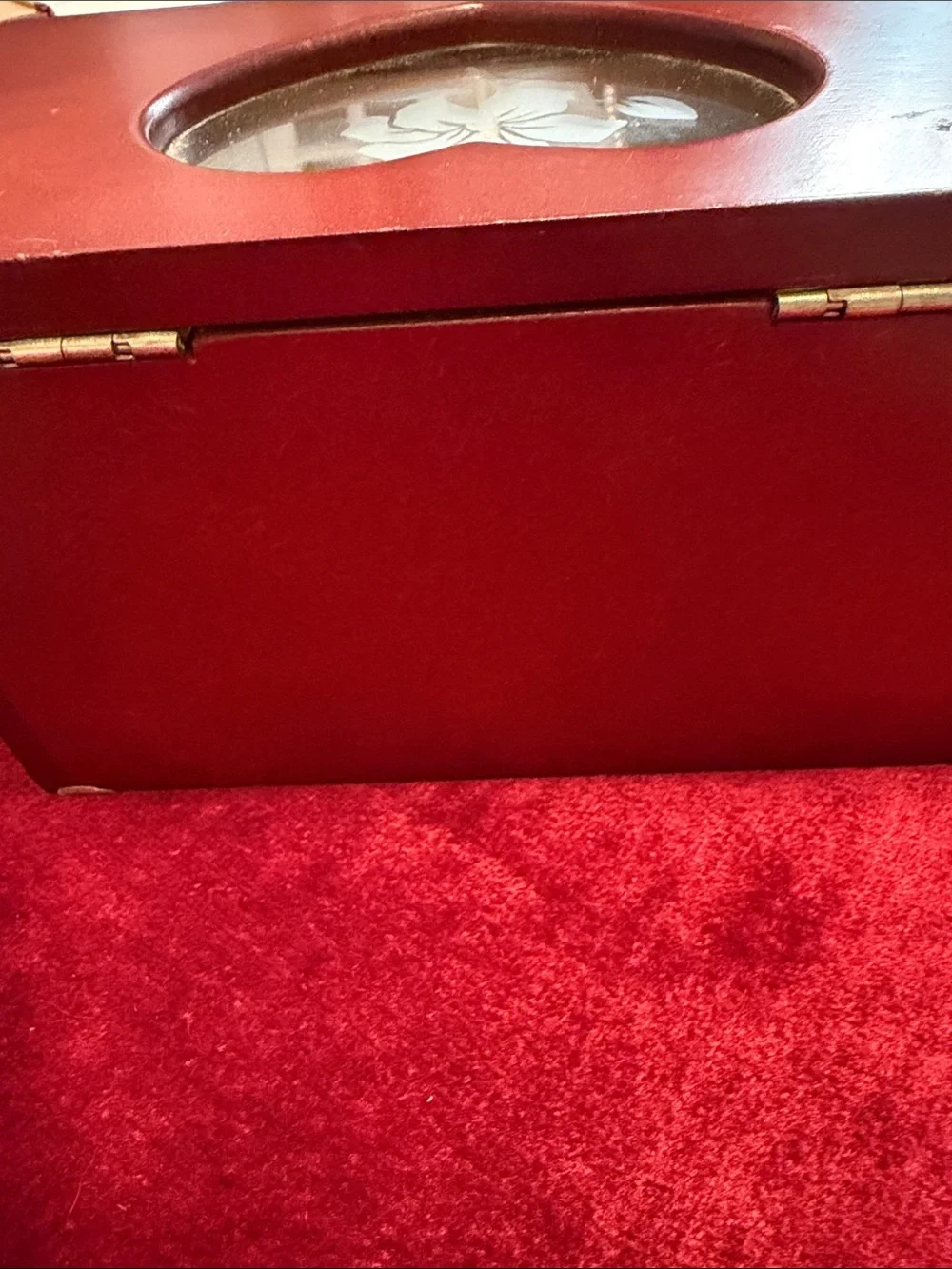 Great vintage Classic cherry wooden Jewelry Box with heart glass etched cover